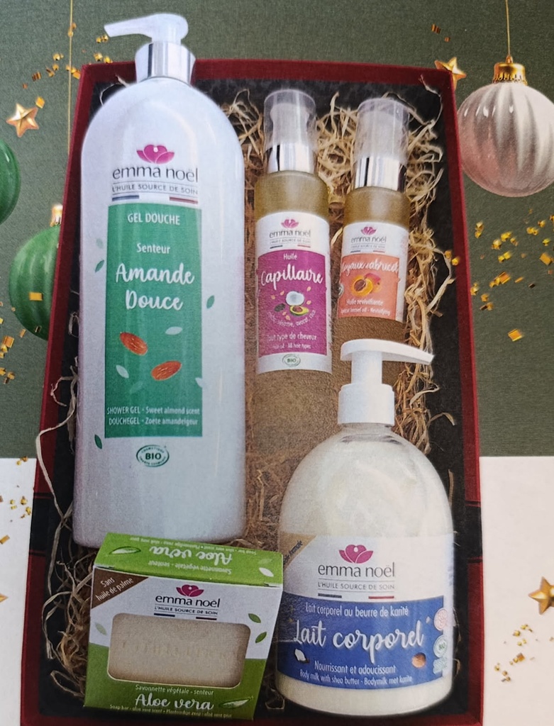 Gel douce amande douce, huile capillaire, huile revivifiant, savonnette Aloé Vera,  lait corporel