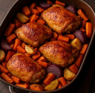 Poulet rôti aux légumes d'automne et miel