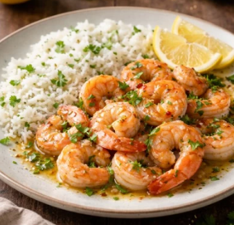 Crevettes sautées à l’ail, persil et riz 4 pers